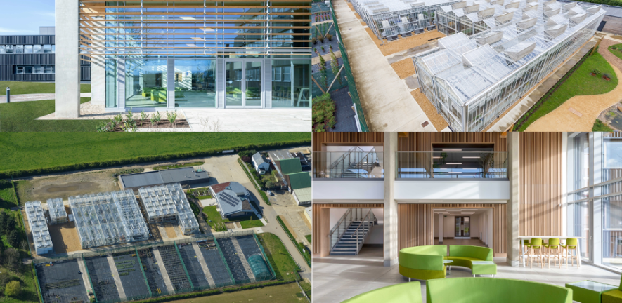 Crop Science Centre photo pf building, field and greenhouses