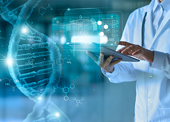 Pioneering precision with nanomedicines Medicine doctor touching electronic medical record on tablet. DNA. Digital healthcare and network connection on hologram modern virtual screen interface, medical technology and network concept.